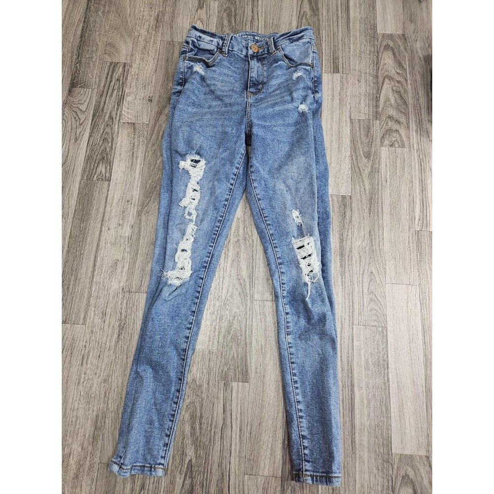 (3/$35) No Boundaries Jeans Womens 5 Blue Distressed Ripped Skinny Stretch Denim